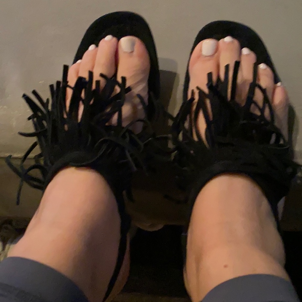 Prada black fringe sandles.